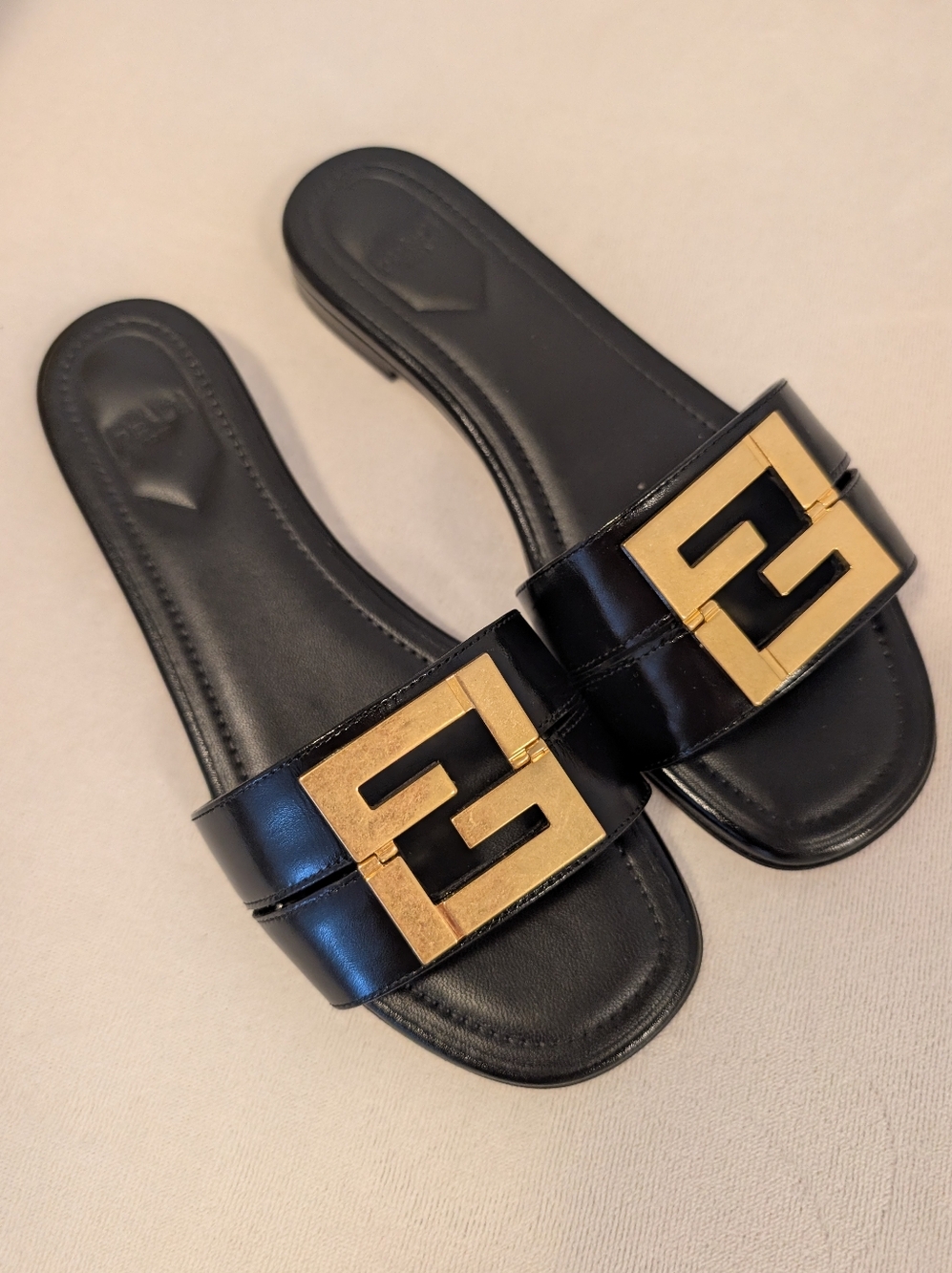Fendi Black Leather Slides with Gold Double-F Logo - Picture 7 of 9
